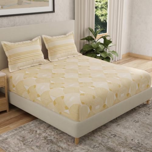 Image of Huesland by Ahmedabad Cotton 144 TC Double Bedsheet Cotton with 2 Pillow Covers | Mustard Yellow & Dark Cream