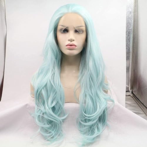Perruque synthétique 66 cm bleu menthe ondulée avec dentelle frontale invisible pour femme