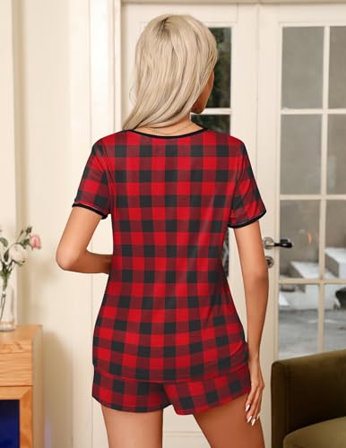 Image of Ekouaer Pajama Set for Women 2 Piece Lounge Set Short Sleeve Tops and Shorts Soft Sleepwear, Chest Pocket
