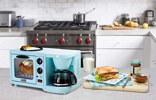 Elite Gourmet Retro Nostalgia 3-in-1 Breakfast Maker Station 4 Cup Coffeemaker, Toaster Oven with Timer, Griddle, Aqua