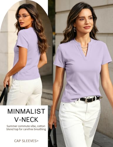 Image of Meetrendi Women's V Neck T Shirts Cap Sleeve Slim Fit Cotton Casual Tops