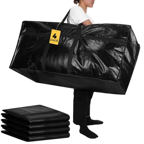 4 Pcs 66 Gallon Large Moving Bags with Zipper and Handles Foldable Storage Duffle Bags Heavy Duty Extra Large Totes for College Dorm Travel Clothes Blankets Bedding Moving (Black)2