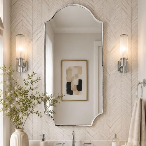 Image of TEHOME 24x40'' Scalloped Polished Nickel Bathroom Vanity Mirror, Silver Metal Framed Bathroom Mirror