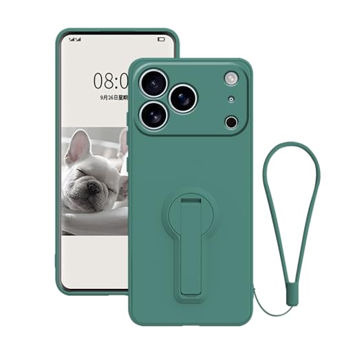 Coque iPhone 17 Pro silicone avec support vert foncé dragonne antichoc