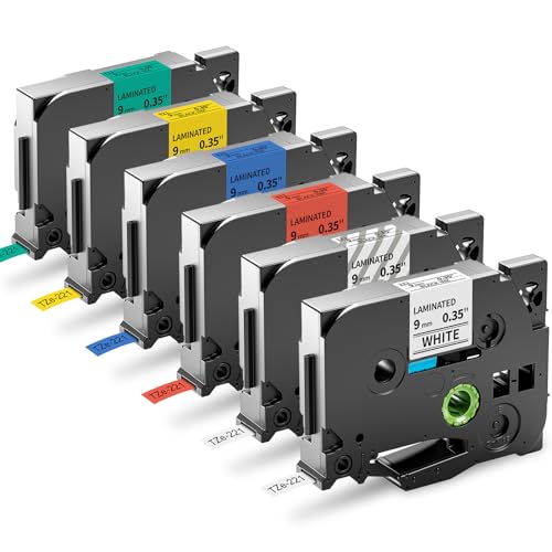 6-Pack 9mm Label Tape Compatible with Brother P-Touch Label Tape TZe TZ Tape 9mm 0.35”Laminated White/Clear/red/Blue/Yellow/Green Used for Brother P-Touch Label Maker PTH110 PTD210 PTD220 PTD200