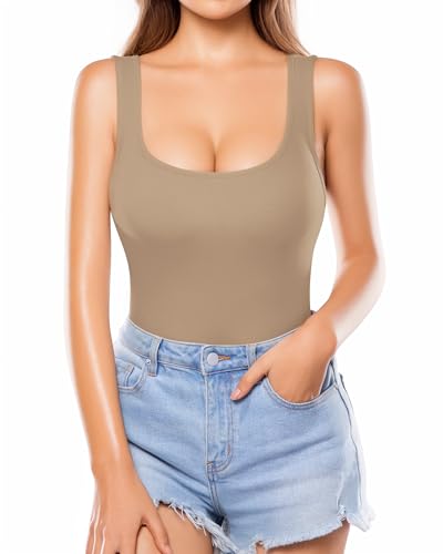 Image of MANGOPOP Women's Tank Top Bodysuit Scoop Neck Sleeveless Body Suits Sexy U-Back Backless Going Out Tops