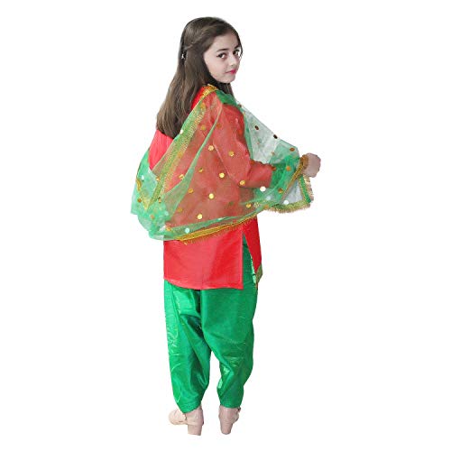 Image of Kaku Fancy Dresses Indian State Punjabi Folk Dance Costume For Kids | Baisakhi /Lohri Festival Dance Costume | Salwar Suit With Dupatta For Girl Costume - Red & Green, 3-4 Years
