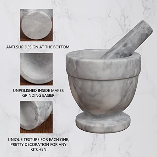 Heshibi 4 Inch White Natural Marble Mortar And Pestle Set For Grinding Herbs Spice Seasonings Non-Slip Mats Round Stone Grinder #TOP4