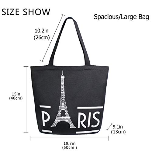 Zzwwr Stylish Eiffel Tower Paris Pattern Extra Large Canvas Shoulder Tote Top Storage Handle Bag For Gym Beach Weekender Travel Reusable Grocery Shopping,Black White #TOP1