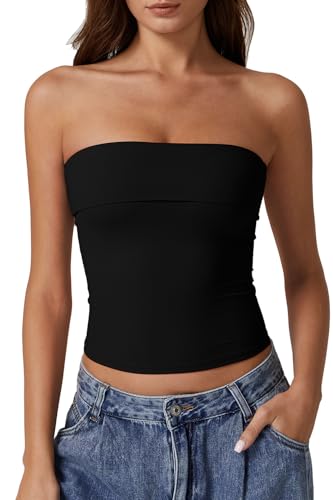 QINSEN Tube Tops for Women Off Shoulder Strapless Crop Tops Foldover Going Out Bustier Tops Black M