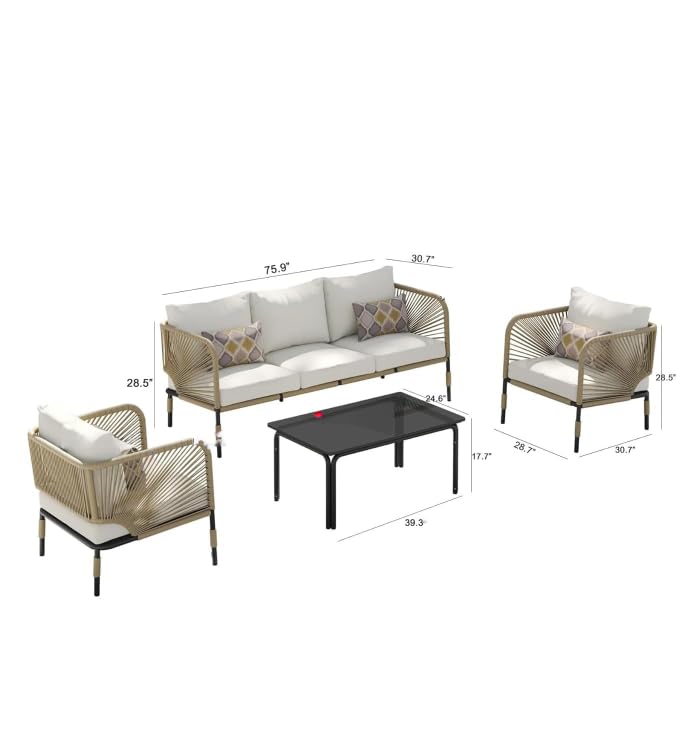 Image of 4-Piece Outdoor Indoor Rope Patio Furniture Set Conversation Garden Waterproof Weaving Rope Bistro Set for Balcony Lawn Garden Terrace (Off White0036)