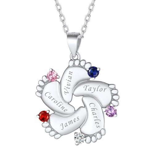 FindChic Custom Baby Feet Necklaces with 1/2/3/4/5 Names Birthstones Personalized New Mom Gift 925 Sterling Silver/Stainless Steel Metal Family Jewelr