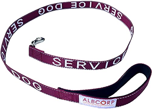 Albcorp Service Dog Leash - Embroidered- With Padded Neoprene Handle And Reflective Threads, 4 Feet, For Harnesses, Vests Or Collars, Maroon #TOP1