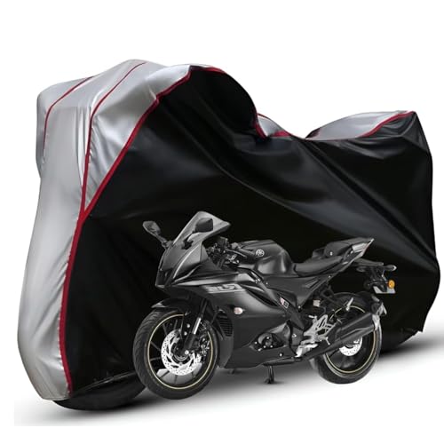 Image of Waterproof Bike Body Cover Compatible with Yamaha R15 Dustproof Scratchproof - Motorcycle Cover for Two Wheeler, Outdoor Full Cover with UV, Duty, Rain Protection (Black Top Silver)