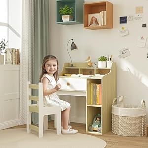 Qaba Kids Desk and Chair Set, Student Desk and Chair Set with Storage Shelves, Drawer, Kids Study Desk and Chair Set for 3-10 Years, White Qaba Kids Desk and Chair Set Student Desk and Chair Set with Storage Shelves Drawer Kids Study Desk and Chair Set for 3 10 Years White