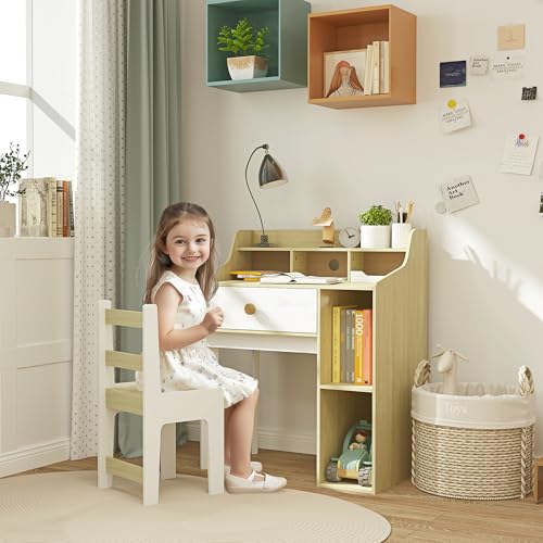 Qaba-Kids-Desk-and-Chair-Set-Student-Desk-and-Chair-Set-with-Storage-Shelves-Drawer-Kids-Study-Desk-and-Chair-Set-for-3-10-Years-White Qaba Kids Desk and Chair Set Student Desk and Chair Set with Storage Shelves Drawer Kids Study Desk and Chair Set for 3 10 Years White