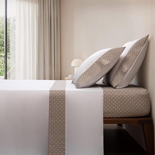 Casa da Laura - Juego de Sábanas 100% Algodón 180 Hilos Marrón Claro con Lunares – 709-180 Hilos - 100% Algodón - Cama 150/160 2 Almohadas 50 x 80 cm - Fabricado Portugal