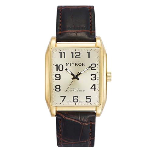 Miykon Vintage Watches for Men - Tank Square Gold Analog Watch with Brown Genuine Leather Wrist Strap for Classic Dress - Japanese Quartz, Waterproof to 100ft by Miykon - Used condition - US$25.84