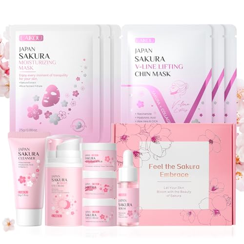 LAIKOU Set de Cuidado Facial Sakura, 8 Piezas Skincare Kit Pack Regalo Mujer para Rutina Facial, con Limpiador Sérum Mascarilla Cuello Hidratante Crema Contorno de Ojos Día y Noche (8pcs)