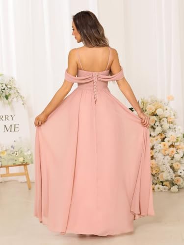 Women's Cold Shoulder Chiffon Bridesmaid Dresses with Slit Long Pleated A-line Formal Party Dress with Pockets RO0443