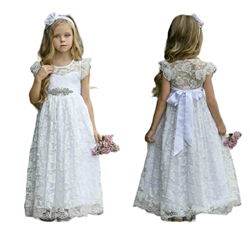 DZdress Girls Toddler Communion Full-Length Off-white Kids Lace Wedding Party Princess Flower Girl Dresses Sleeves with Belt (as1, age, 4_years)
