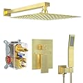 Fatspas 12 Inch Shower Faucet Set, Rainfall Shower System with Square Fixed Rain Shower Head and High Pressure Handheld Shower Head, Wall Mounted Rainfall Shower Fixtures, Brushed Gold