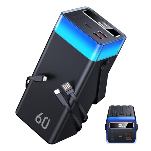 Powerbank 10.000 mAh, 22,5 W USB-C Quick Charger, Power Bank con 3 cables, 5 salidas y 2 entradas, batería externa portátil con pantalla LED, linterna compatible con iPhone, Android