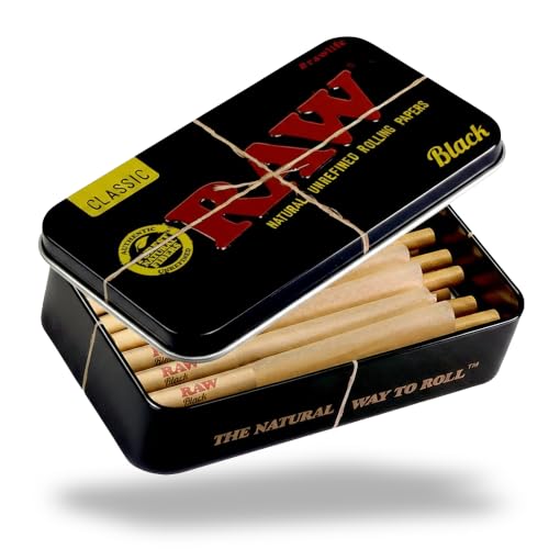 RAW Black Classic Slow Burning Pre-Rolled Cones 1-1/4 Packed Inside a RAW Metal Tin Container with Packing Tubes | 20 Pack |