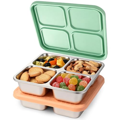 Image of 2 Pack Stainless Steel Snack Containers with Silicone Lids, Leakproof Bento Snack Boxes, Reusable 4 Compartment Metal Lunch Containers, Dishwasher Safe Food Storage for Meal Prep, Work & Travel (D)
