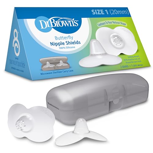 Image of Dr. Brown's Butterfly Breastfeeding Nipple Shields for Protecting Sore, Flat or Inverted Nipples, Essential for Latching Difficulties with Microwave Sterilizer Carrying Case, Size 1, 20mm
