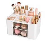 fanado Kosmetik Organizer mit 2 Schubladen, Makeup Organizer für Schminktisch, Kosmetik Aufbewahrungsbox mit Transparenten Schubladen, Organizer für Make-up Pinsel, Parfum und Wattepads - Weißer