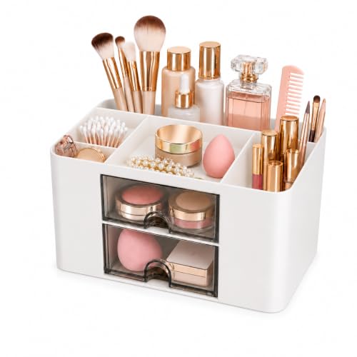 fanado Kosmetik Organizer mit 2 Schubladen, Makeup Organizer für Schminktisch, Kosmetik Aufbewahrungsbox mit Transparenten Schubladen, Organizer für Make-up Pinsel, Parfum...