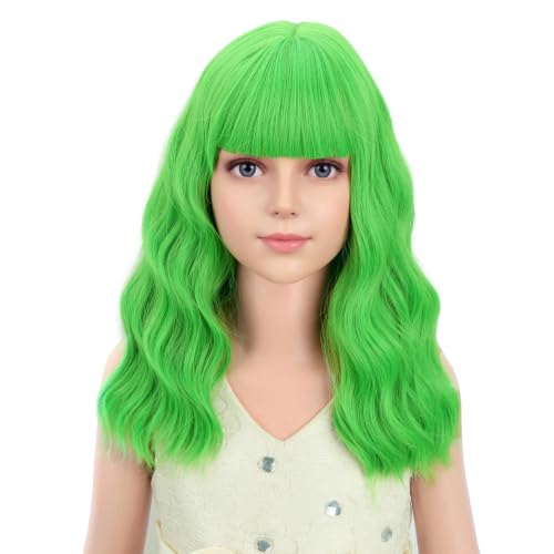 Image of PATTNIUM Girls Light Green Short Curly Wavy Wigs | Kids Light Green Wavy Synthetic Wig for Halloween Cosplay Costume Party Wig