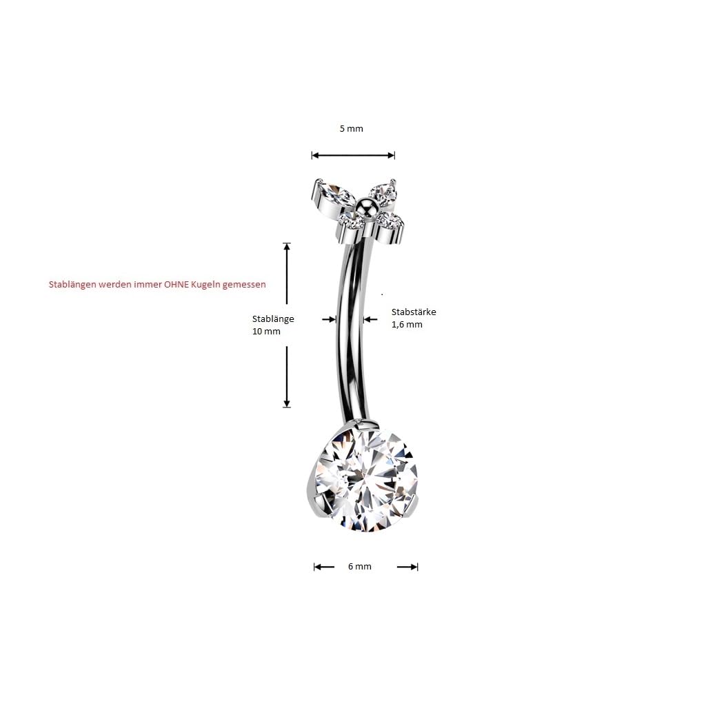 Paula & Fritz® Push-In Piercing Bauch-nabelpiercing Schmetterling Zirkonia Titan-ium Grade 23 1,6-mm Stab-Dicke Gewindelos Bananabell Nabelpiercing