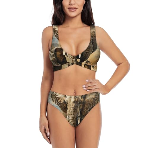 Conjunto de bikini sexy con estampado de elefante viejo y elefante joven para mujer, conjunto de bikini de 2 piezas, trajes de baño para playa y piscina, Negro, XL