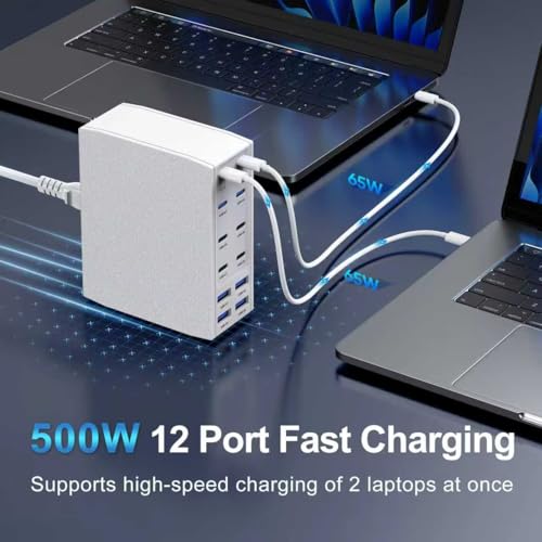 Image of 500W USB C Charger Block, 12-Port USB C Charging Station for Multiple Devices, Leather Texture Dual PD 65W Laptop Fast Charger Compatible with MacBook Pro /Air, iPad, iPhone,Galaxy and More, White