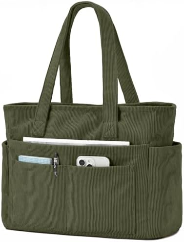 oscaurt Cord Tasche Damen 13-Taschen Handtasche Shopper Groß | Arbeitstasche, mit Laptopfach und Reißverschluss, Faltbar Umhängetasche, Tote Bag, Strandtasche, Für Schule Arbeit Re