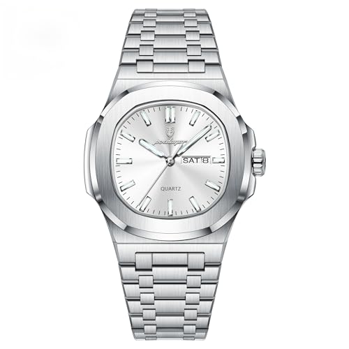Poedagar Men's Quartz Watches Fashion Square Men Business Classic Clock Waterproof Luminous Date Week Stainless Steel Man Wristwatch (Silver White)