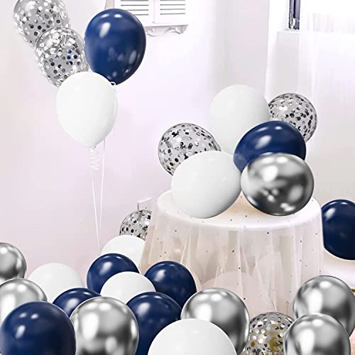 Image of Navy Blue Silver White Confetti Balloons Arch Kit, 120 PCS 12in 10in 5in Latex Garland Arches Kit for Graduation, Birthday, Wedding, Anniversary, Celebrations, Party Decoration