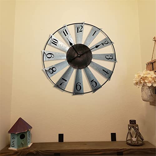 Qukueoy 24 Inch Metal Windmill Clock Large Farmhouse Clocks Outdoor Indoor Decor Wall Hanging,Galvanized Silver #TOP4