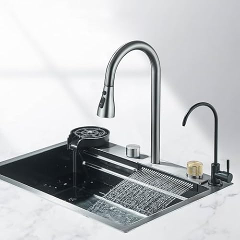 Kitchen Sink Stainless Steel Single Bowl Sink,Knob Control Workstation Sink Cup Washer,Kitchen Sink With Pull-Out Faucet,Drainage Basket & Accessories(23.6 * 17.7in) Cover