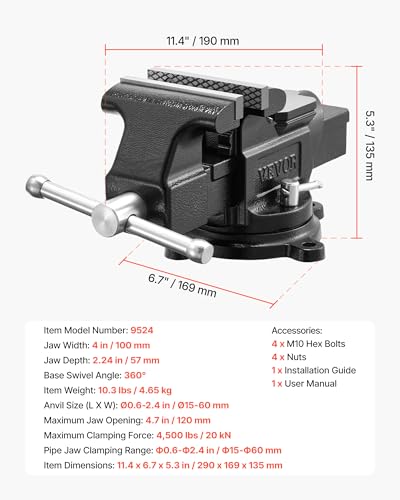 Image of VEVOR Heavy Duty Bench Vise, 4 inch Jaw Width, Multi-Purpose Ductile Iron Bench Vise with Anvil and 360-Degree Locking Swivel Base, 2.24 inch Throat Depth, 4.7 inch Max Jaw Opening, for Drilling, Pipe Cutting