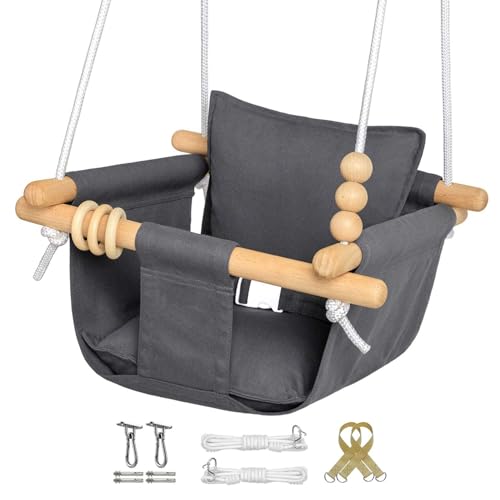 Image of Baby Swing Outdoor and Indoor - Canvas Baby Swing 6 Months to 3 Years, Durable Baby Swing Chair, Indoor Baby Swing, Outdoor Baby Swing, Full Set of Ceiling Screws (Grey Full)