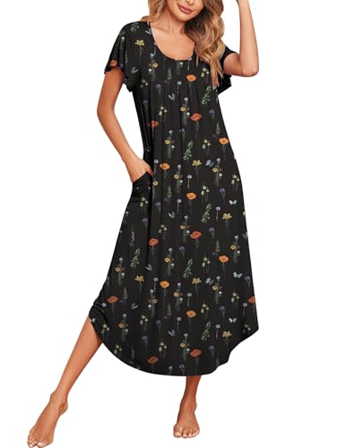 Ekouaer Womens Nightgowns Long Moo Moos for Women Pleated Short Sleeves House Dress with Pockets S-XXXL