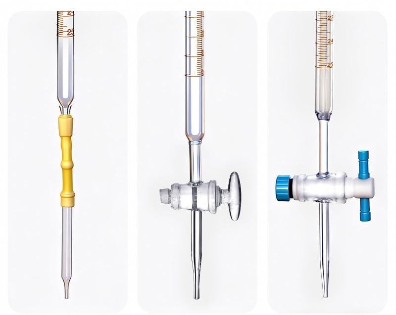 Buretas de vidrio, Bureta de vidrio borosilicato clase A, llave paso PTFE for valoración, multicolor, 10ml, 25ml, 50ml(50ml Transparent acidic)