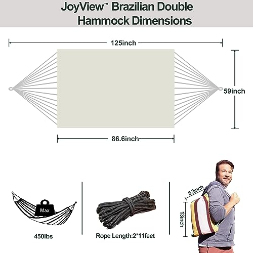 Image of JoyView Brazilian Double Hammock with Hanging Ropes Extra Large 86.6x59 inch Portable Cotton Hammock for Patio Backyard Porch 450LBS Weight Capacity Perfect for Outdoor /Indoor - Natural White
