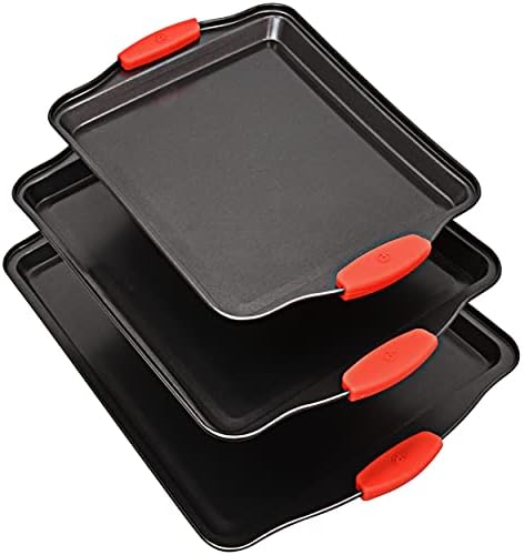 Bakeware Nonstick Cookie Sheet Oven Baking Pan Tray 3-Piece Set (Small, Medium and Large), Carbon Steel Non Stick BPA Free Cooking and Baking Trays for Cakes and Cookies with Silicone Grips by PERLLI
