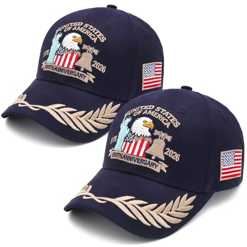 2 Pack 250 Anniversary USA Hat Embroidered Eagle & LibertyAdjustable Patriotic American Flag Baseball Caps for Men Women (US Alpha One Size Navy Blue+Navy Blue)