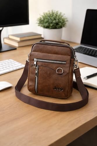 Mens Leather Small Crossbody Shoulder Bag Multi Pockets Zipper Bag Suitable for Daily Use and Travel (BROWN)