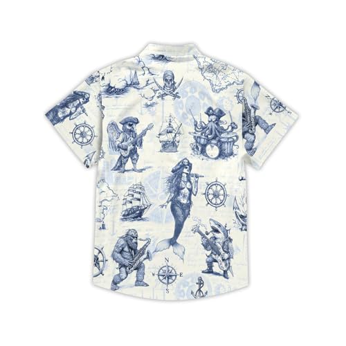 Image of THE PIRATE KING Funny Pirate Hawaiian Shirt Boys Girls Beach Tropical Casual Short Sleeve Button Down Shirt for 5-14 Years